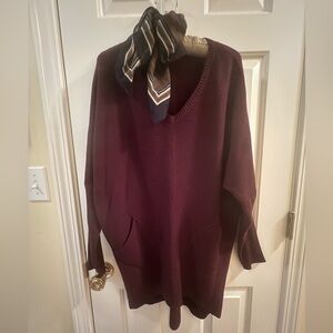 EUC New York & Company Deep Burgundy V-Neck Sweater with pockets.Scarf included